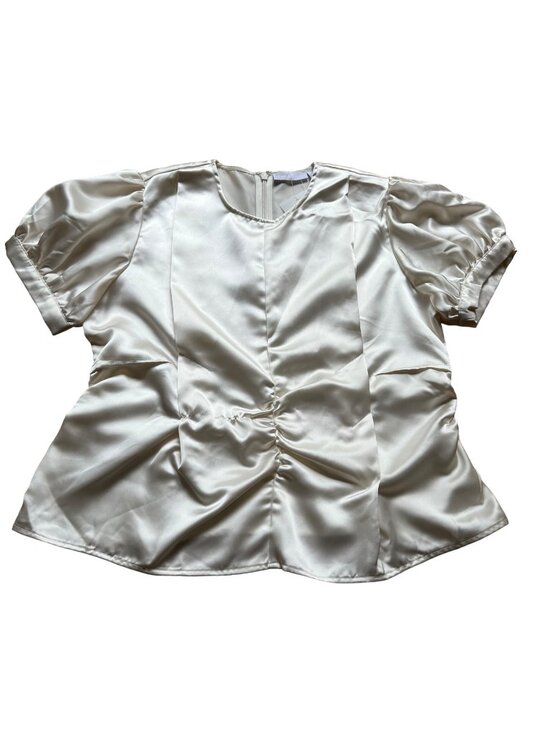 ASOS Tops - Asos Size 10 Ivory Satin Pleated Ruched Detail Short Puff Sleeve Blouse Top NWT